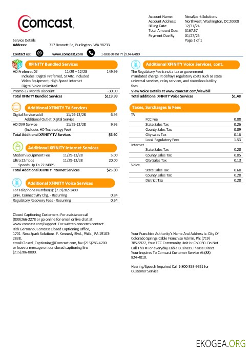 Modèle de facture de services publics d'entreprise USA Utah Comcast aux formats Word et PDF, version 1